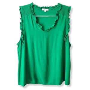 White Birch Women Linen Sleeveless Green Top L Ruffle Feminine Preppy Career